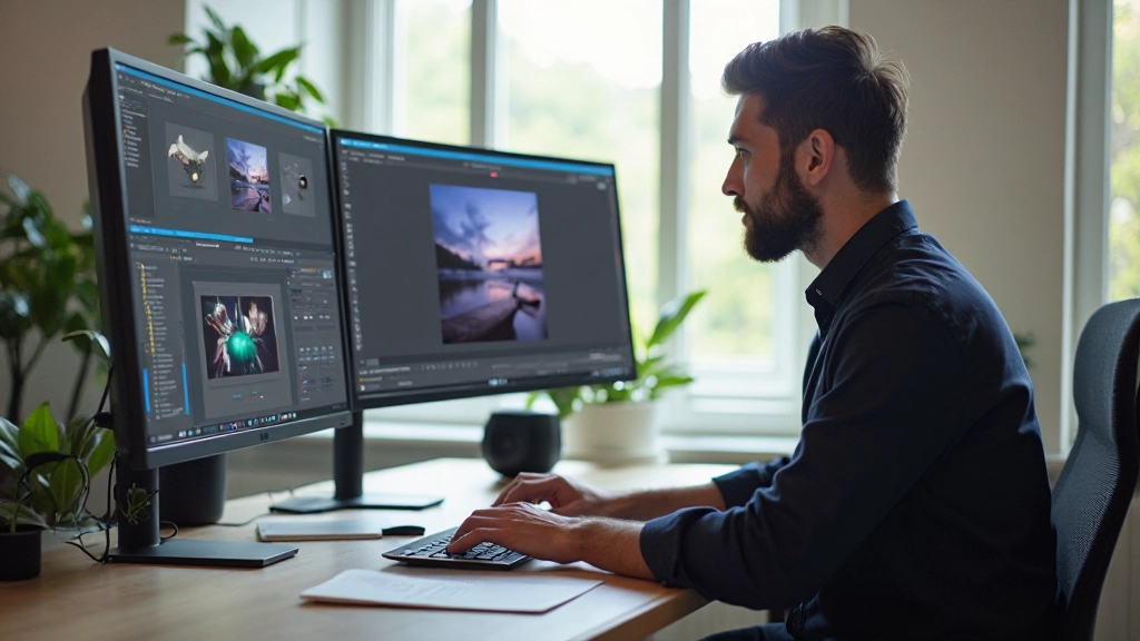 Designer aan het werk met beeldeditor, afbeeldingen comprimeren en optimaliseren op groot scherm