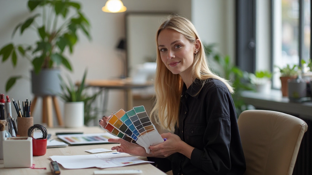 Grafisch ontwerper met kleurenpalet en designmaterialen op designbureau