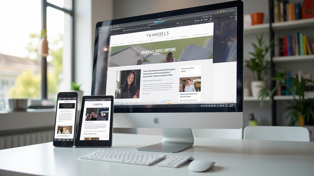 Drie apparaten: smartphone, tablet en desktop, elk toont dezelfde website in verschillende lay-outs, responsive design demonstratie